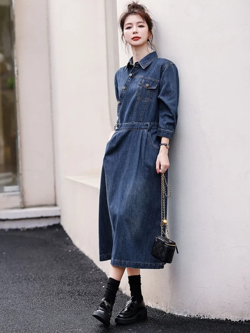 

Women's Blue Denim Dress Autumn 2023 New Retro High-quality Temperament Nine-point Sleeve Knee-length Turn-down Collar Dress