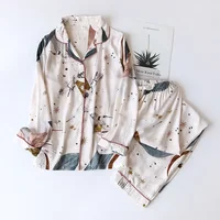 Spring and autumn ladies cute cartoon floral viscose fiber pajamas two-piece long-sleeved home service cotton summer thin shorts - Image 3