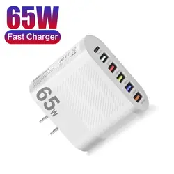 65W Phone Fast Charger 6 Ports USB Type-C 5V/3.5A  EU/US Plug Lightweight Home Travel Charging Head for iPhone 14 13 12 Huawei