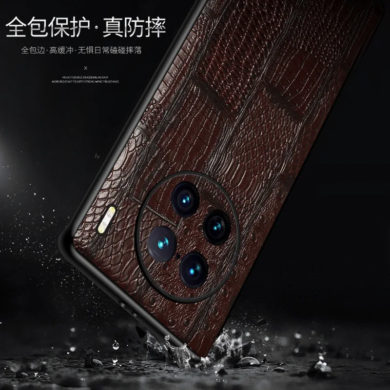 For VIVO X90 Pro Plus Phone Case Anti-knock Alligator pattern Classic Genuine Leather Soft TPU Back Cover