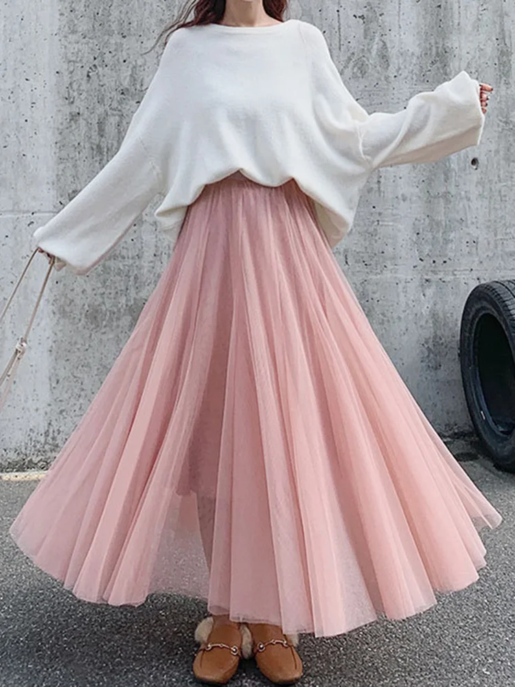 Long Skirt Elastic New Summer Mesh Waist Elegant Pleated High Waist Ball For Spring Autumn Vintage