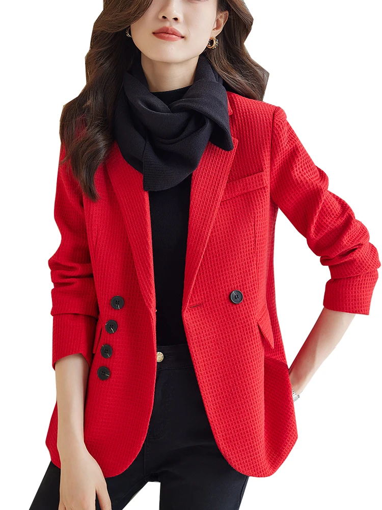 

Red Green Black Plaid Female Casual Blazer Women Long Sleeve Button Decoration Ladies Jacket For Autumn Winter