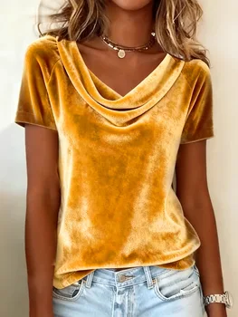 Fashion Women's New Pure Color Drop Shoulder Short Sleeve Sexy Velvet T-Shirt 1