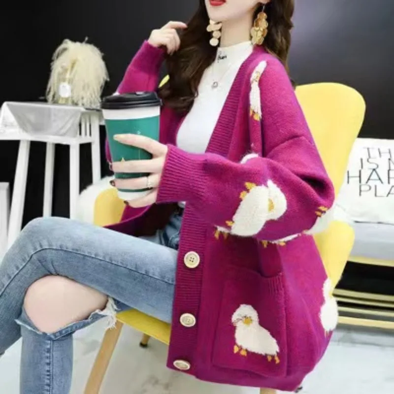 

Fashion Long Sleeve Thickened Soft Sweater Coat Casual Loose Outerwear Korean Style Cartoon Lamb Cardigan Sweater Women 28573