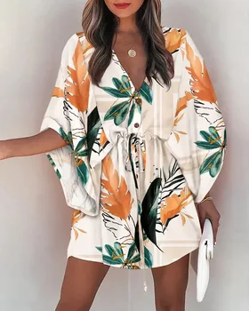 Summer Dress For Women 2024 New Floral Print Bat Half-Sleeve V-Neck Ruffle Irregular Hem Female Dress Casual Boho Women Clothes 1