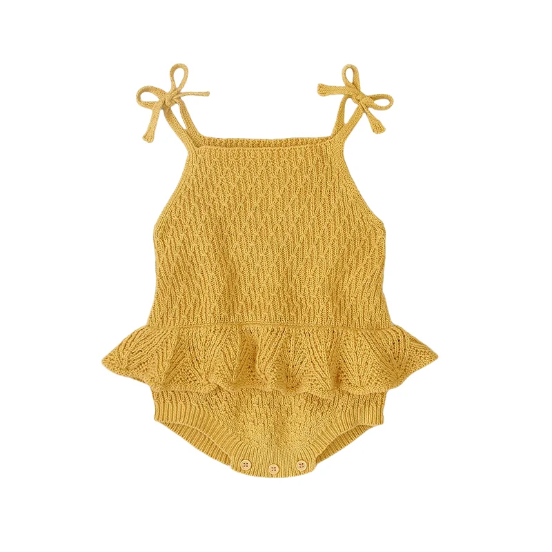 100% Cotton Knit Baby Romper 0-2 Years Bowknot Ruffled Sling Jumpsuit for Infant Girls Snap Button Diaper Change Design Romper