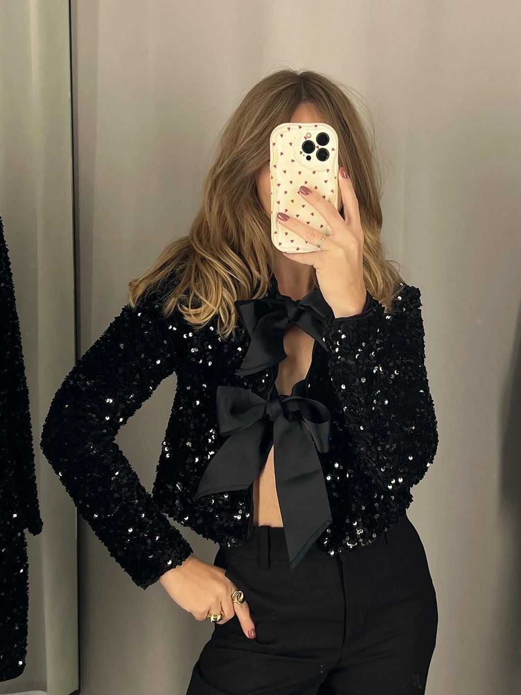 

Women Contrast Bow Tied Sequined Jacket Coat Vintage Long Sleeve Round Neck Outerwear Female Chic Casual Fashion Cropped Jackets