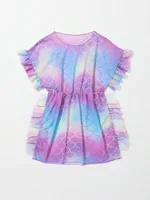 4-7Y Kids Girl Swim Cover Up Swimsuit Ruffles Mermaid Print Beach Pool Bathing Suit Hoodie Dress Coverup Swimwear Cover-Ups