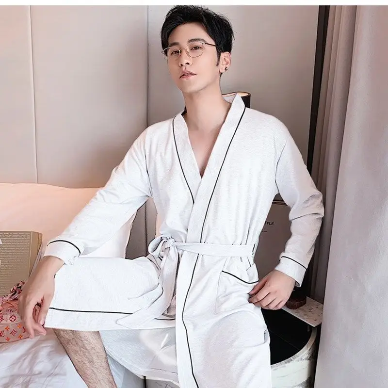 Plus Size Women's Bathrobe Long Sleeve Cotton Sleepwear Couple's Robe Loose Lounge Home Clothes Men Pajama Night Gown M-3XL