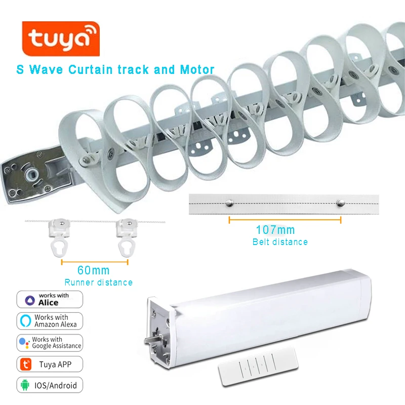 

Tuya 2.0Nm WiFi Smart Curtain Motor Ripple Fold S Wave Curtain track Cornice Rail Rod Works with Google Alexa Alice