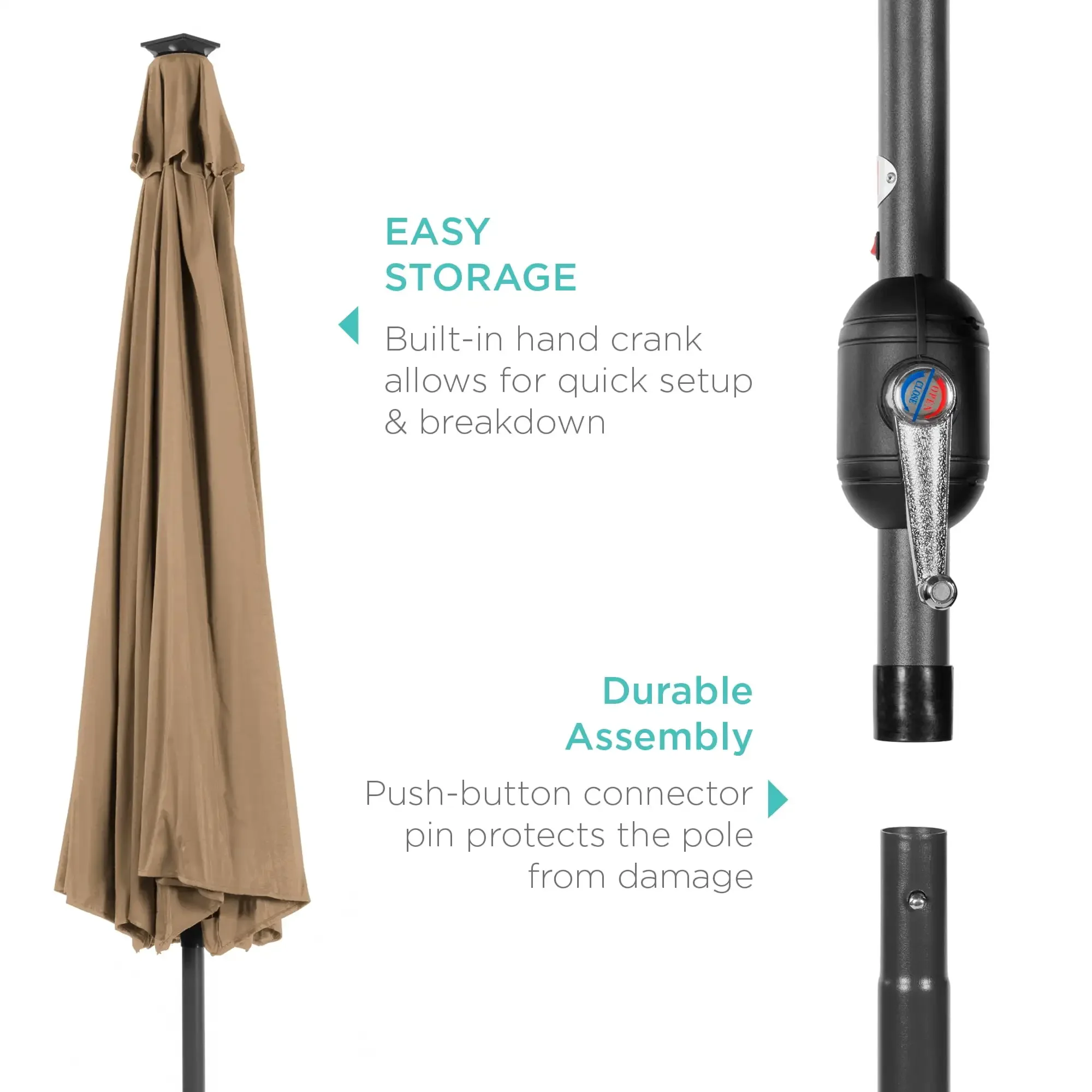 10ft Solar LED Lighted Patio Umbrella w/ Tilt Adjustment, UV-Resistant Fabric - Tan 6