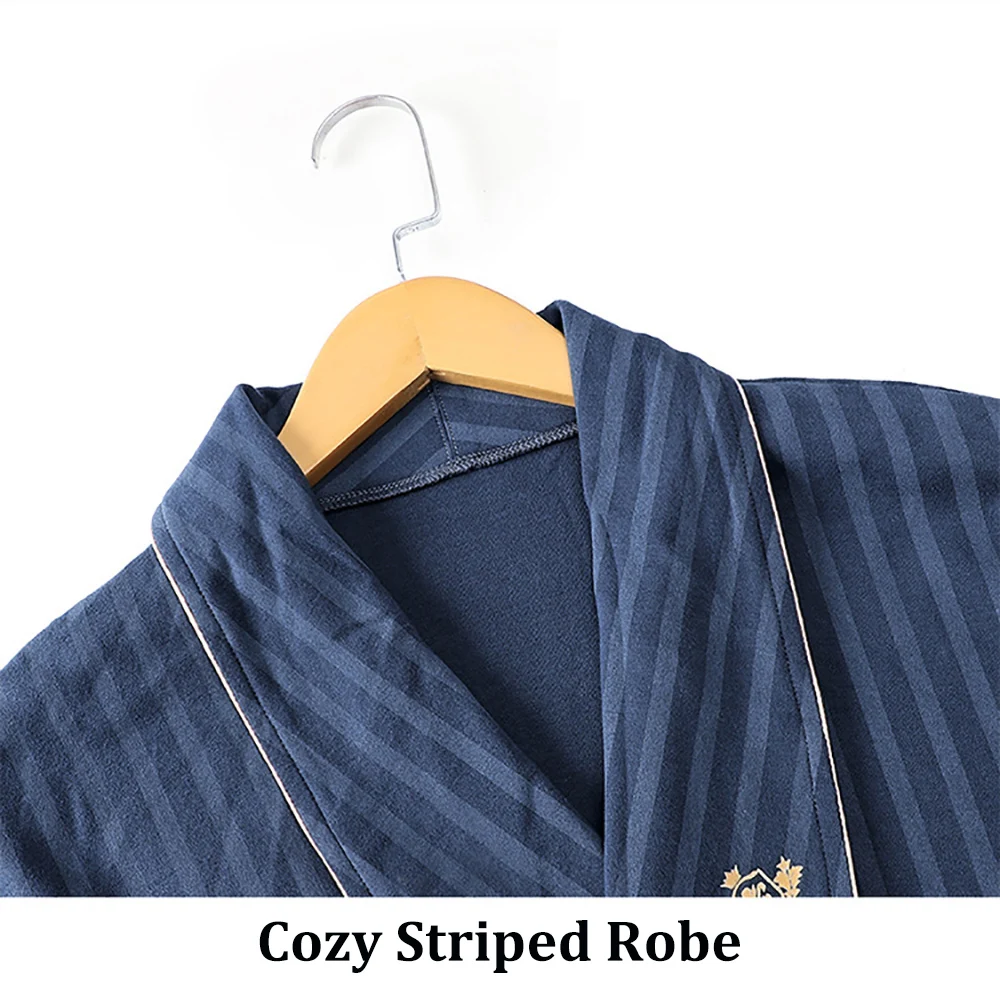 4XL Trendy Solid Striped Men Bath Bathrobes Spring Autumn Cotton Shower Robe 3XL Casual Loose Bathrobes Kimono With Two Pockets
