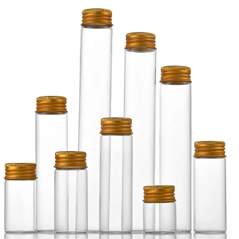 7/15/20/25/30ml Clear Glass Bottle With Aluminium Cap Travel Empty Refillable Bottles Gold Small Test Tube Candy Spices Storage 2