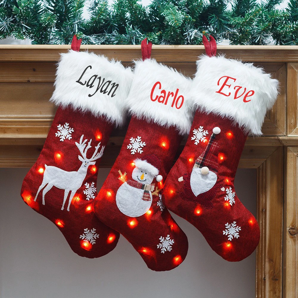 Christmas stockings Personalized Name Christmas Decorations with Lights Embroidered Name Children's Holiday Gifts Bag