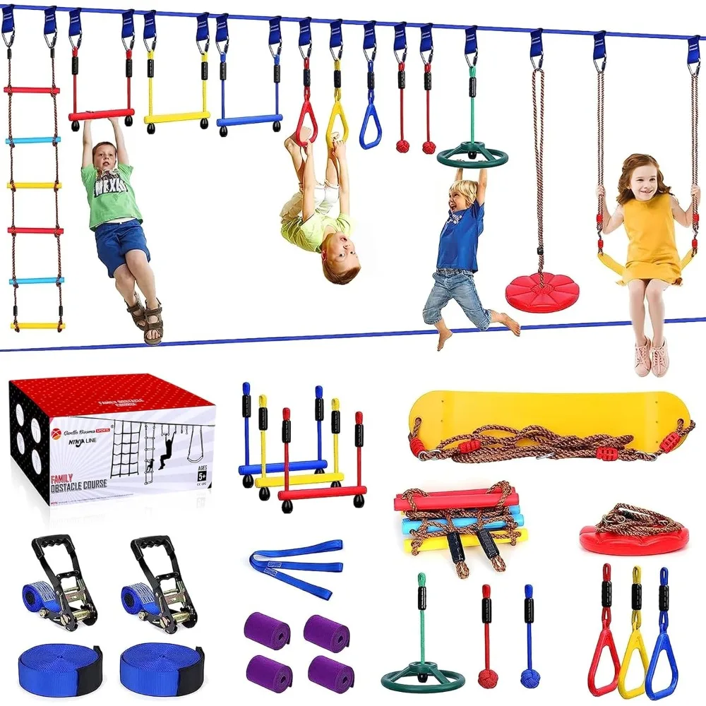 

2x65ft Kids Warrior Obstacle Course with 13 Accessories, Bungee Rope with Swing Seat, Disc Swing, Rope Ladder, Arm Trainer