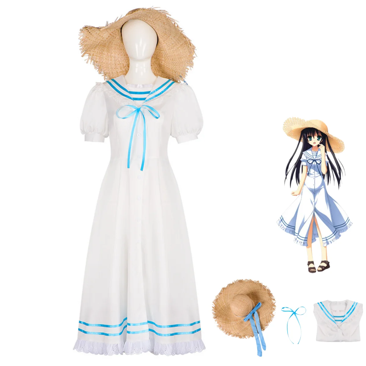 

Game Natsuzora Kanata Kousaka Chihaya Cosplay Costume White Short Sleeve Skirt Princess Dress Hat Woman Kawaii Daily Party Suit