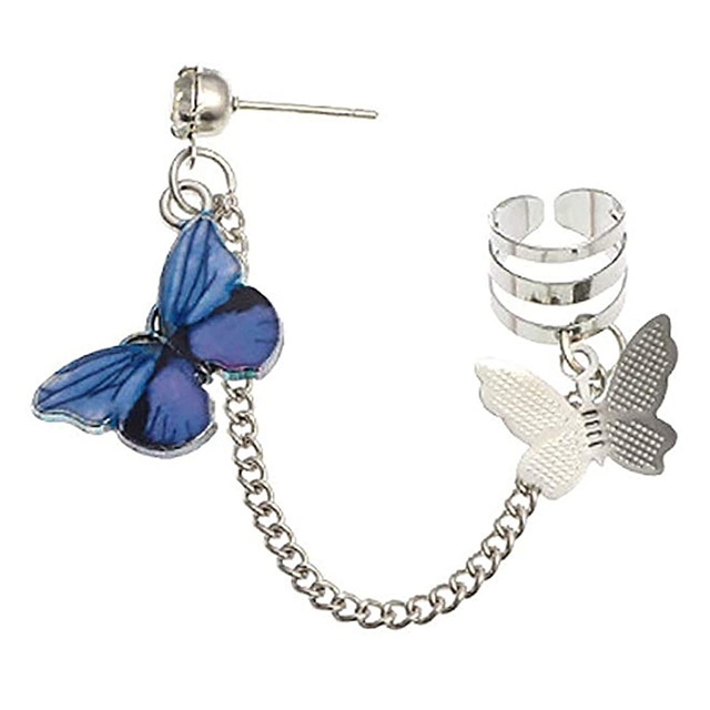 Fashion Geometric Butterfly Clip Earring for Teens Women Ear Cuffs Cool Jewelry Retro Chain Long Hanging Earings Metal Gift