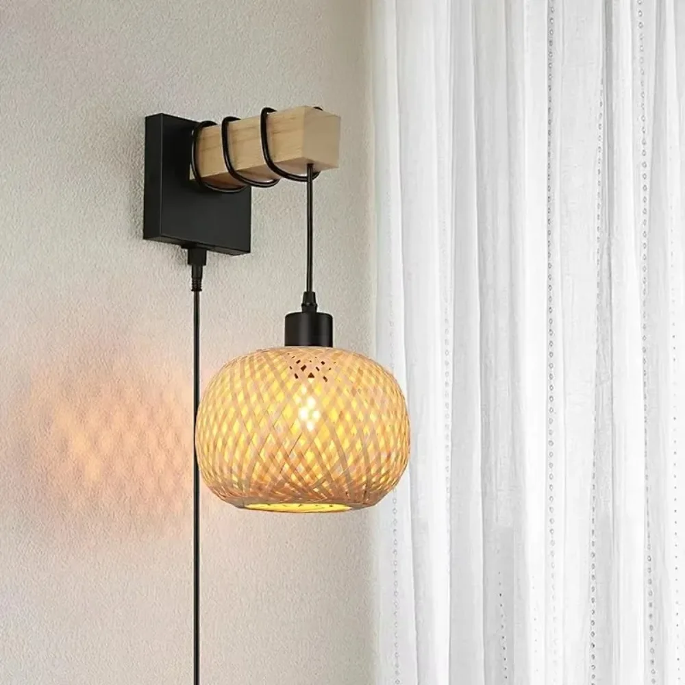 Plug In Wall Sconce, Handmade Rattan Bamboo Night Light, Elegant Wooden Bedroom Lamp, Boho Farmhouse Plug-in Lighting