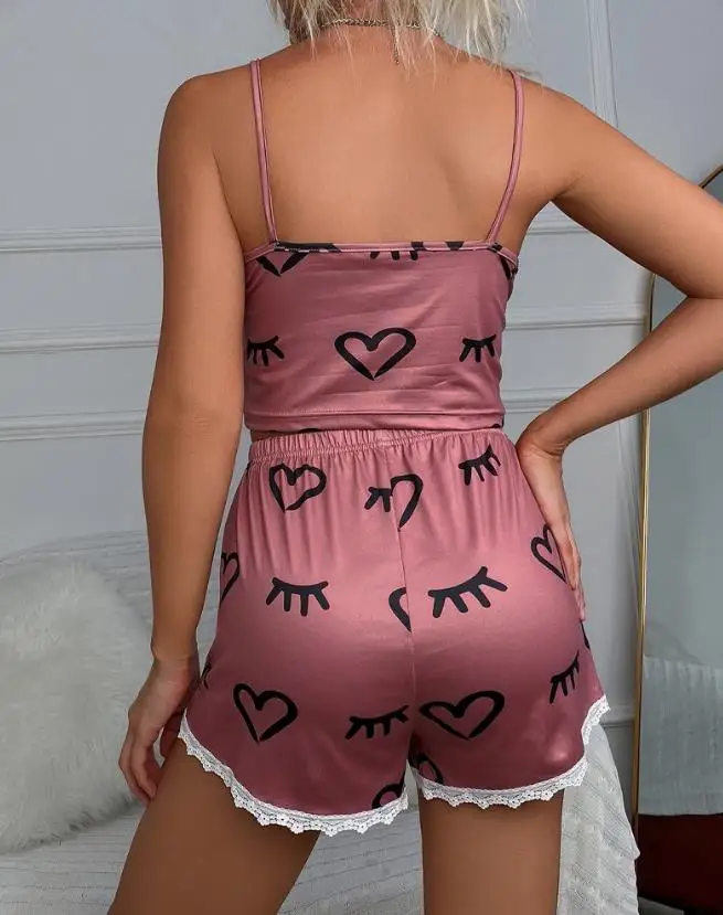 Two Pieces Pajamas Set for Women 2024 Autumn New Fashion Casual Daily Sweet and Cute Heart Cartoon Print Lace Patch Cami Set