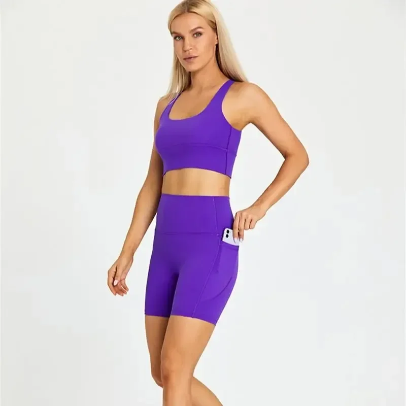 Lemon Women Sport Suit High Waist Short And Fitness Bra 2pcs With Pocket Short Legging Yoga Set Ride Gym Workout Training