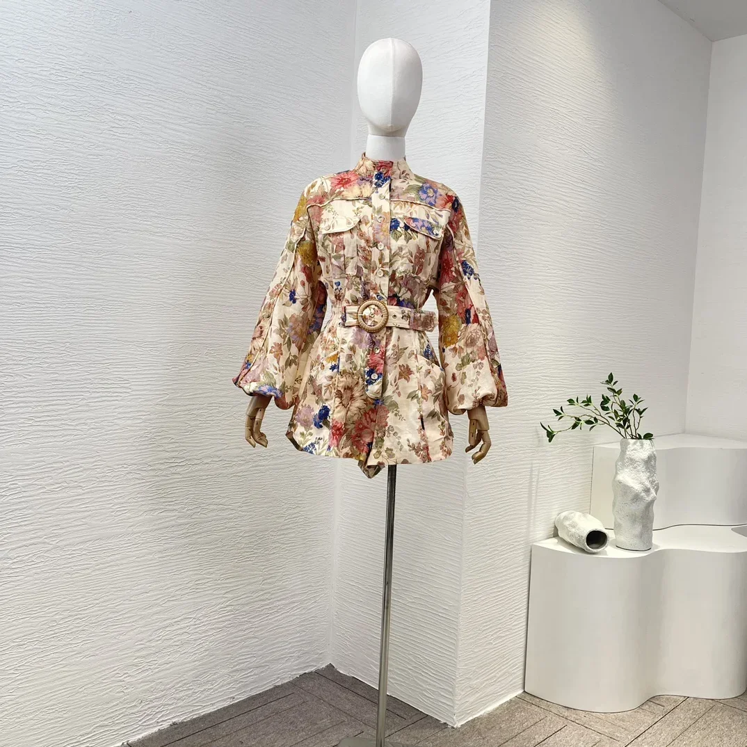 

Linen High Quality 2024 New Floral Print Long Lantern Sleeve Pockets Belted Women Vintage Playsuits