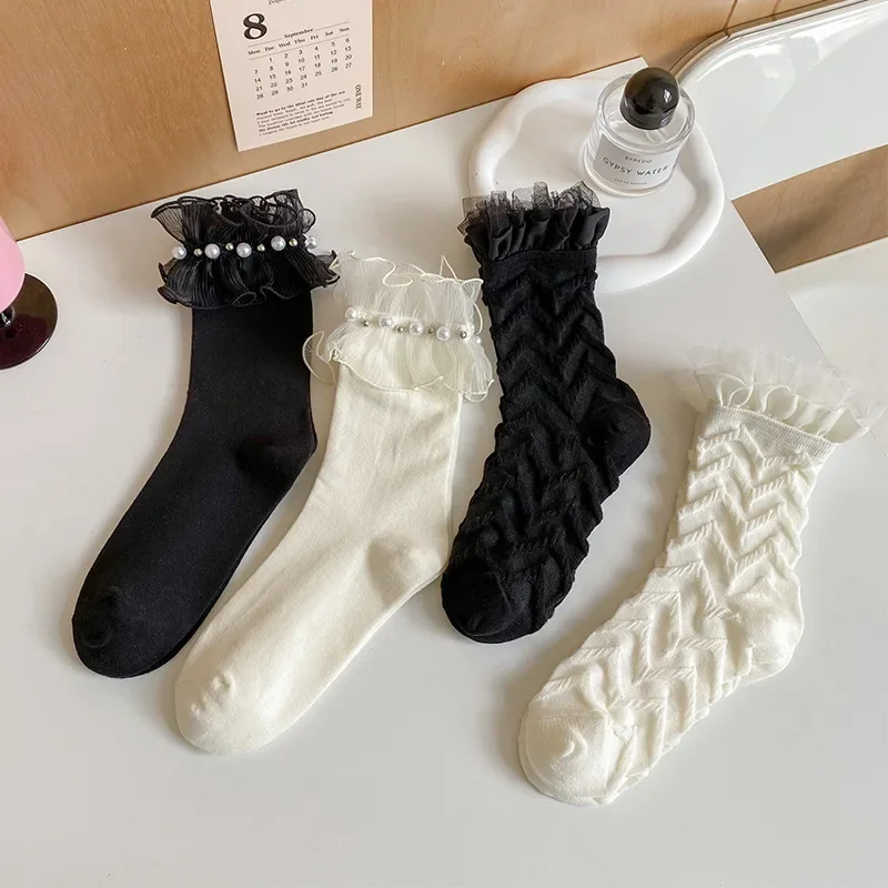 JK Japanese Style Pearl Kawaii Cute Princess High Long Sock Autumn Korean Children White Lolita Girls Lace with Ruffles Stocking