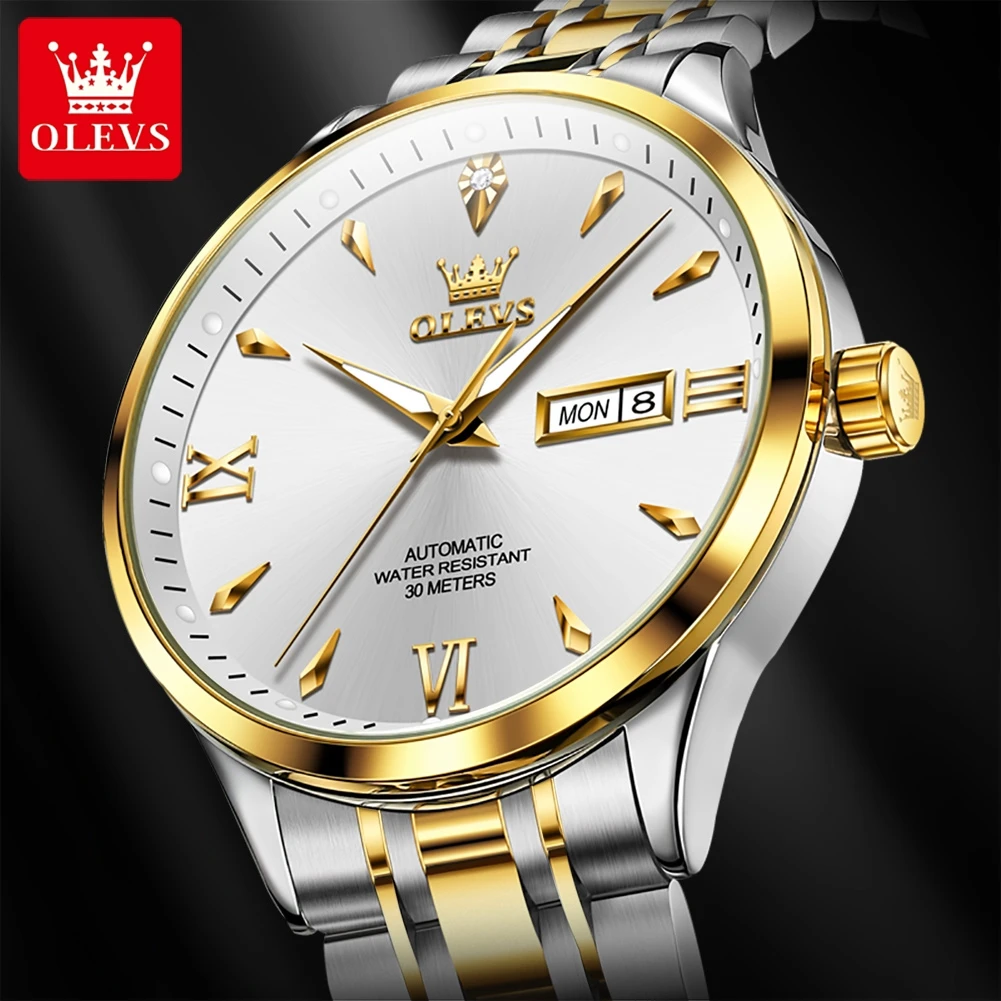 OLEVS 9956 Automatic Watch Man Top Brand Business Dual Calendar Mechanical Watch For Men Original Stainless Steel Wristwatch