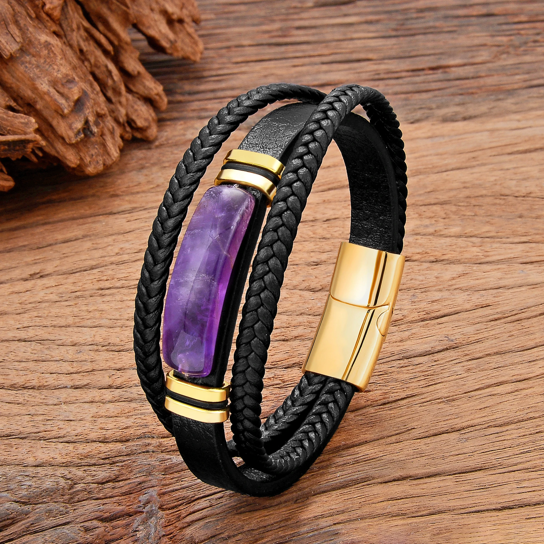 Luxury natural amethystine stone bracelets men women design crystal bracelet multilayer leather bangles stainless steel jewelry bangle bracelet leather bracelet stainless steel bracelet rope bracelet stone bracelet