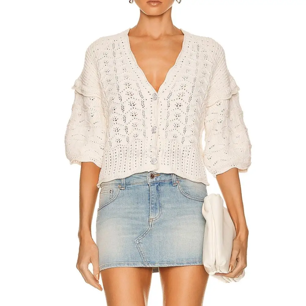 

Ladies Winter Cropped Knitted Cardigan Coat Pure Color Hollow Out Button Loose Top Sweater Cotton Nylon Elegant Woman Cardigan