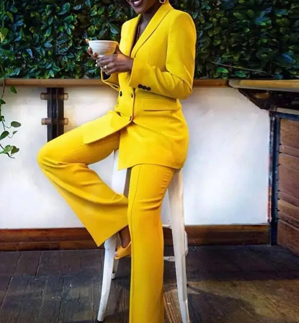Yellow Women's Business Leisure Double breasted Office Commuter Suit Lapel Wedding Evening High Street Suit (Jacket+Pants)