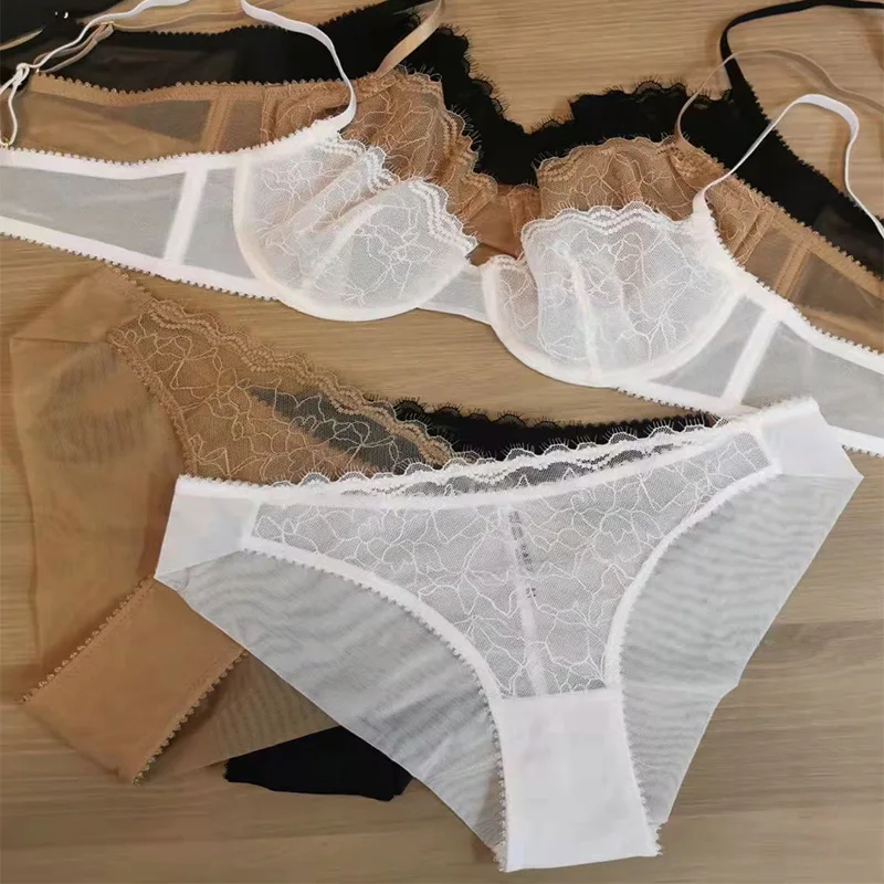 

New underwear sexy embroidery eyelash lace edge with steel ring gathering large breasts show small bra set