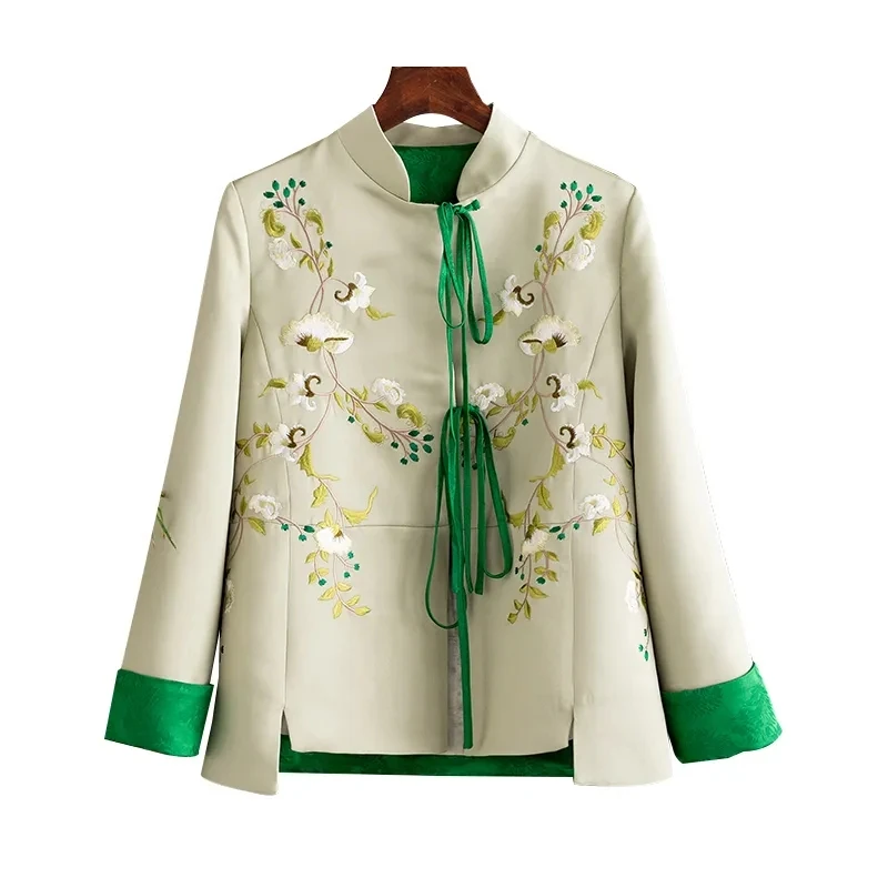 Short Coat Women's New Spring Product National Stand Collar Lace Embroidery Coat Women Elegant Lace Up Tang Suit Cardigan Female