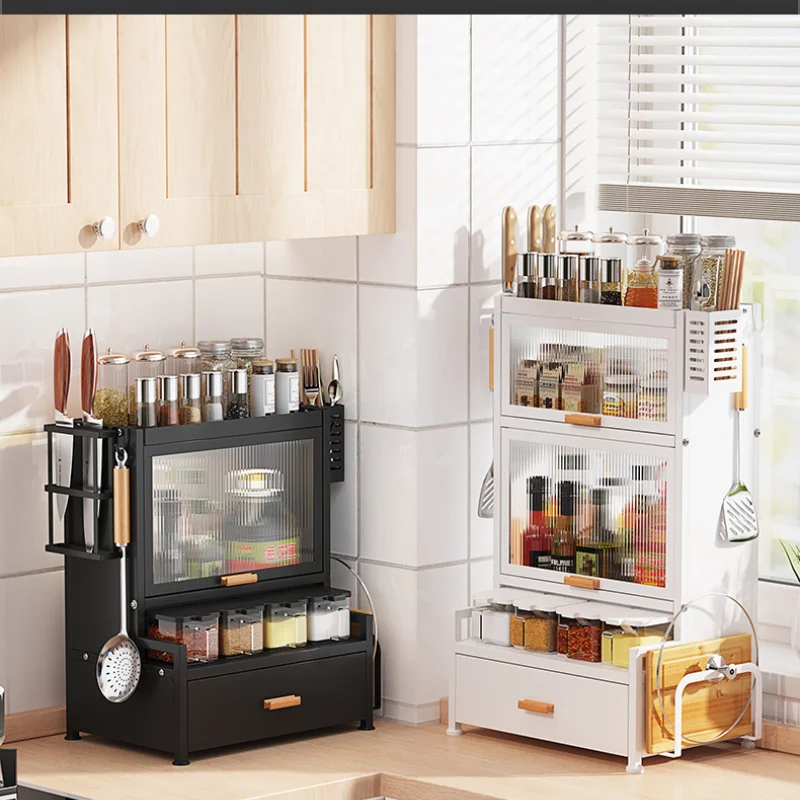 

KitchenSeasoning Jar Storage Box Rack High-Grade Integrated Dustproof Seasoning Shelf Countertop Soy Sauce Vinegar Storage Shelf