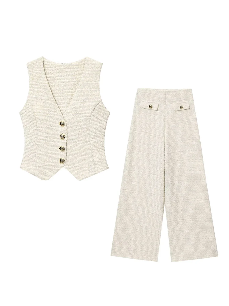 Spring New Women's Vest Pant Two Piece Set Wide Leg Pant Suit Office Ladies Button Up Vest Top Straight Pants Fashion Set
