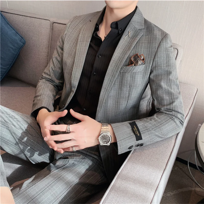 (Jacket+Pant) Latest Design Check Men Suit Groom Wedding Stage Tuxedos Best Costume Men Business Social Suits 2 Piece Set