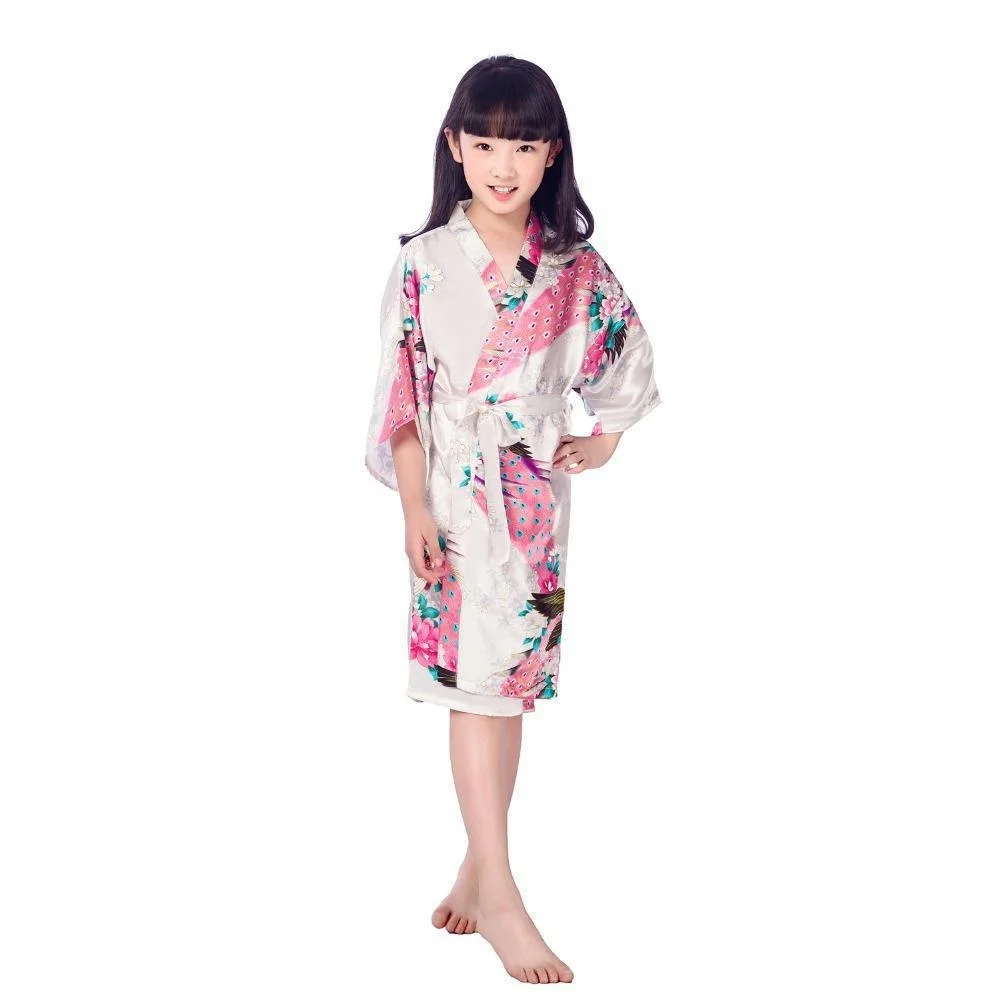 Child Bathrobe Kids Satin Floral Kimono Robe Flower Girl Peacock Bath Robes For Wedding Spa Party Gifts Bridal Lingerie Sleepwear Bathrobe
