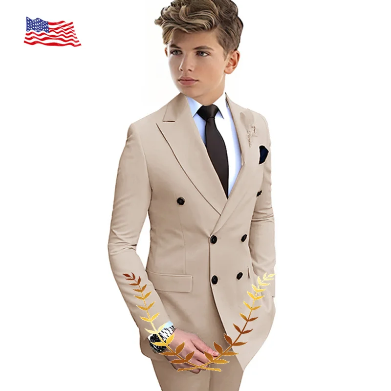 Beige Boys Suit 2 Pieces Double-Breasted Notch Lapel Flat Slim Fit Casual Tuxedos For Wedding (Blazer+Pants) boys suits