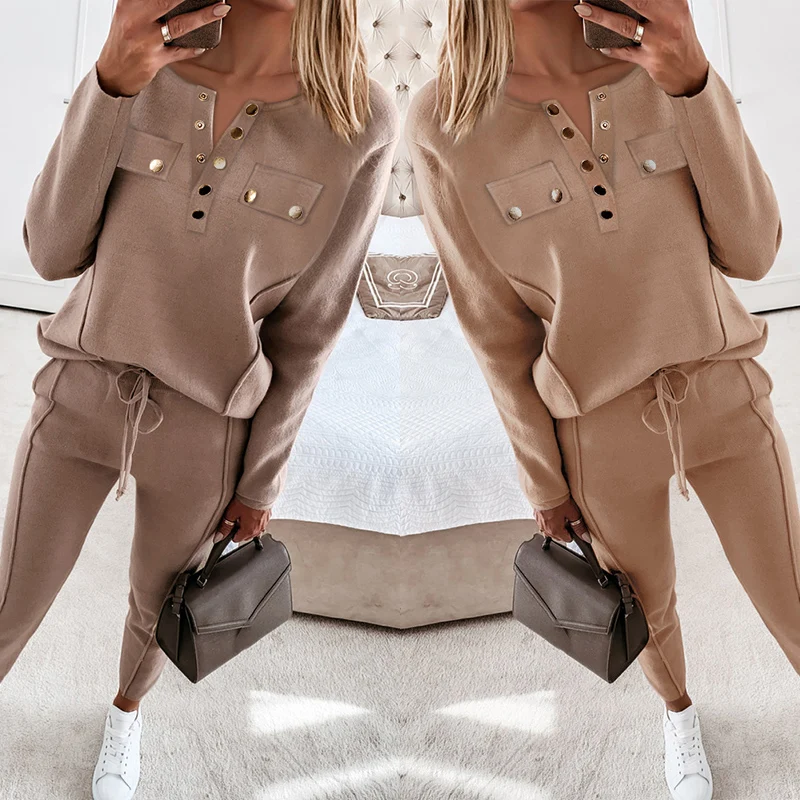

2023 Spring V Neck Buttoned Pocket Loose Long Sleeve Sweatshirts Women Training suit Drawstring Fitness Pants Set Sportswear