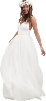Women’s A Line V Neck Backless Wedding Dresses for Bride Sleeveless Pleated Tulle Bridal Gown with Train Simple Wedding Dress 1