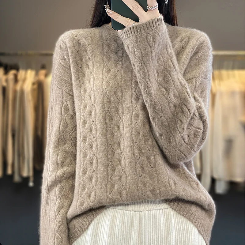 

O-neck Loose Sweaters For Women 100% Pure Wool Knitting Jumpers Female Pullovers Woolen Tops Winter and Autumn SY01