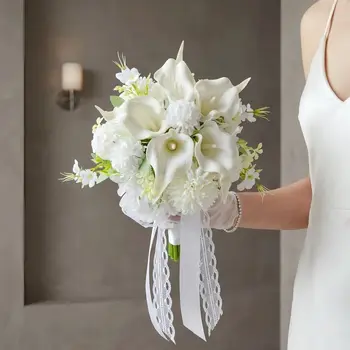 Bouquet da Sposa Romantico con Calla Bianche e Ortensie, Bouquet Artificiale con Fiori di Calla e Ortensie, Nastro in Pizzo, per Matrimonio