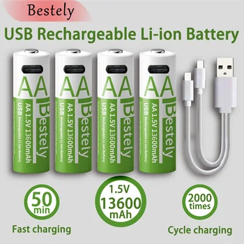 Batteria al Litio AA Ricaricabile USB 1.5V 13600mAh di Ultima Generazione, Ricarica Rapida, 2000 Cicli con Cavi USB-C