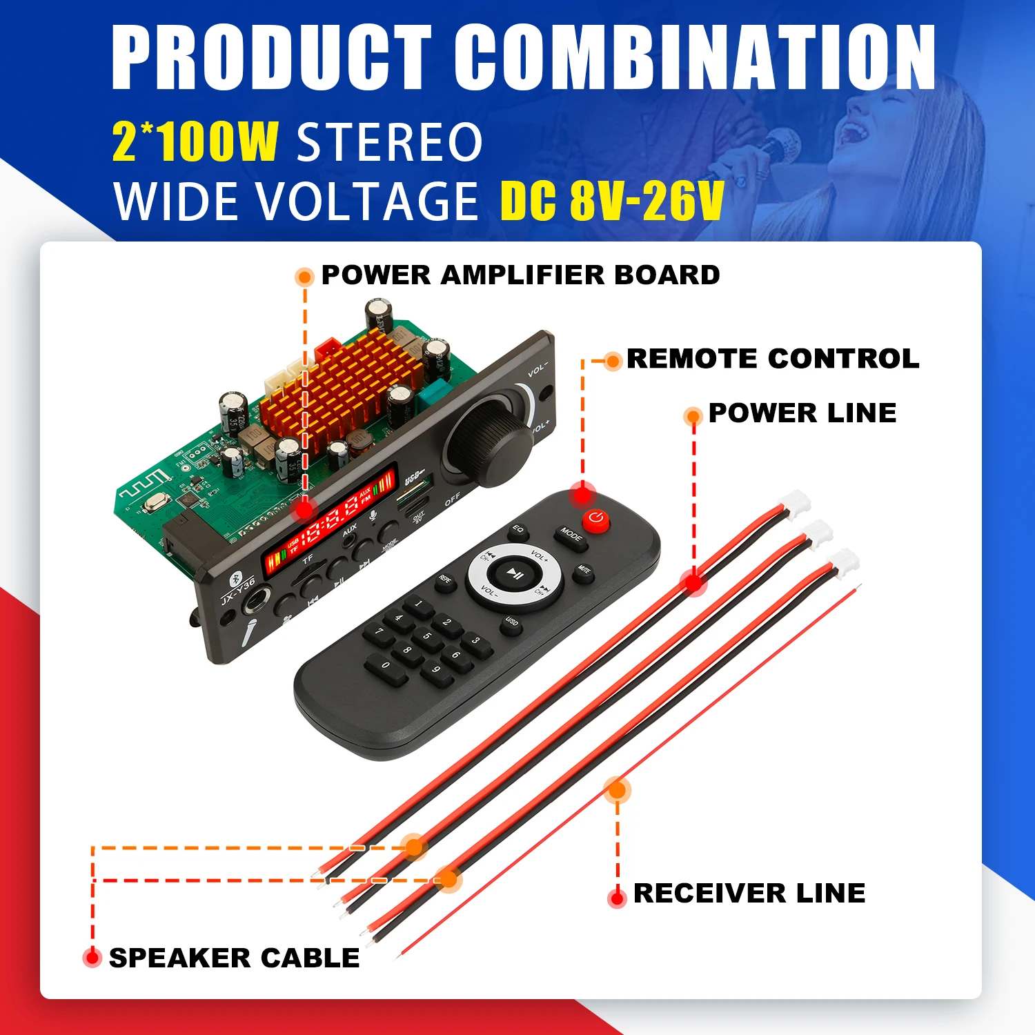 Enhanced Bluetooth Audio Amplifier Board with FM Radio, USB, and Microphone Input