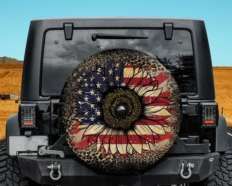 

Sunflower America Flag, Sunflower Tire Covers Tire Cover For Car, , Spare Tire Cover For Car Car Accessories, Spare Tire Cover