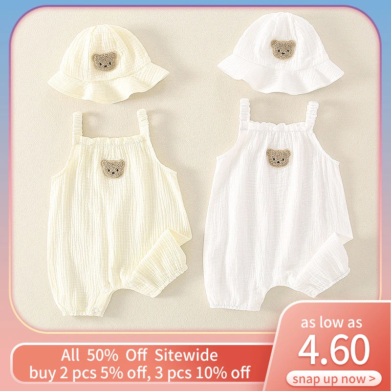 2PCS Summer Baby Clothes Set With Cap Toddler One Piece Cute Bear Sling Romper Fisherman Hat Infant Girl Boy Jumpsuit Outfit 1
