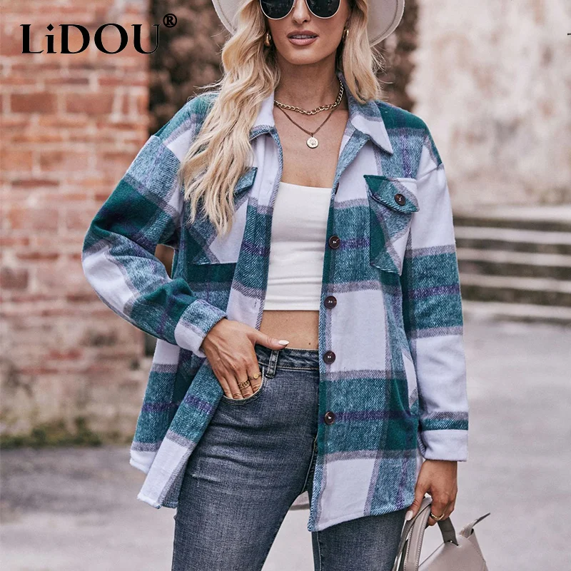 Autumn Winter New Vintage Plaid Printing Thick Shirt Women Buttons Loose Casual All-match Cardigan Top Ladies Polo-neck Blouse