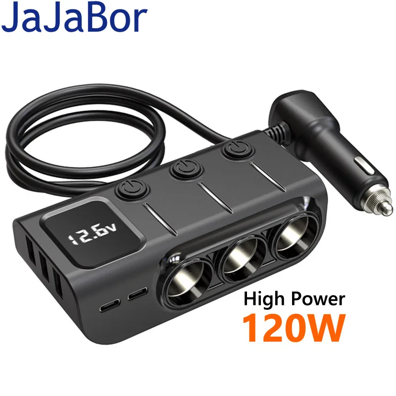 

JaJaBor Car Charger Socket Splitter 8 Ports 2 Type C PD 36W 3 USB Fast Charging Independent Switch 120W High Power Adapter