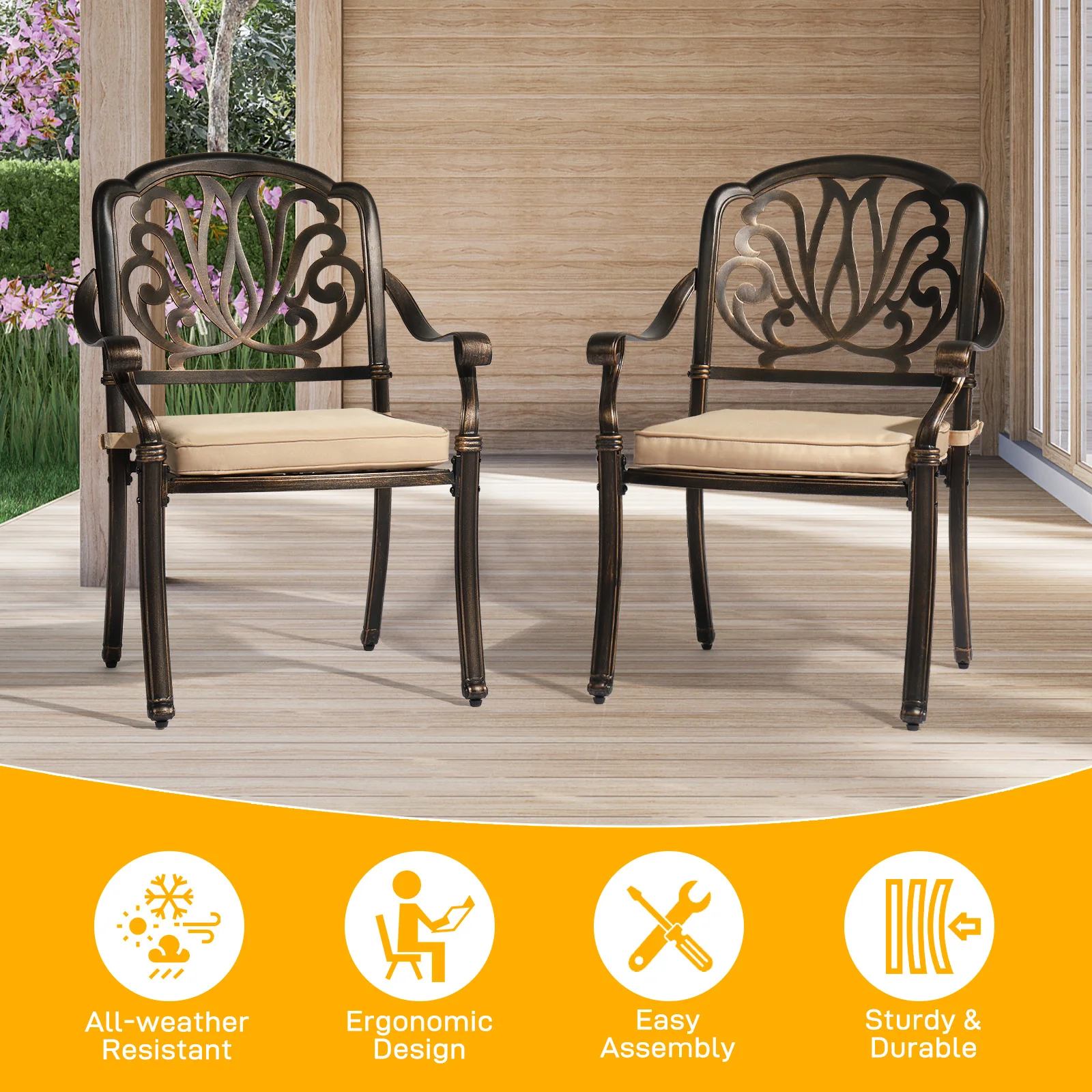 Set of 2 Cast Aluminum Patio Dining Chairs with Cushions, Stackable Outdoor Bistro Chairs for Balcony Backyard Antique Bronze 6