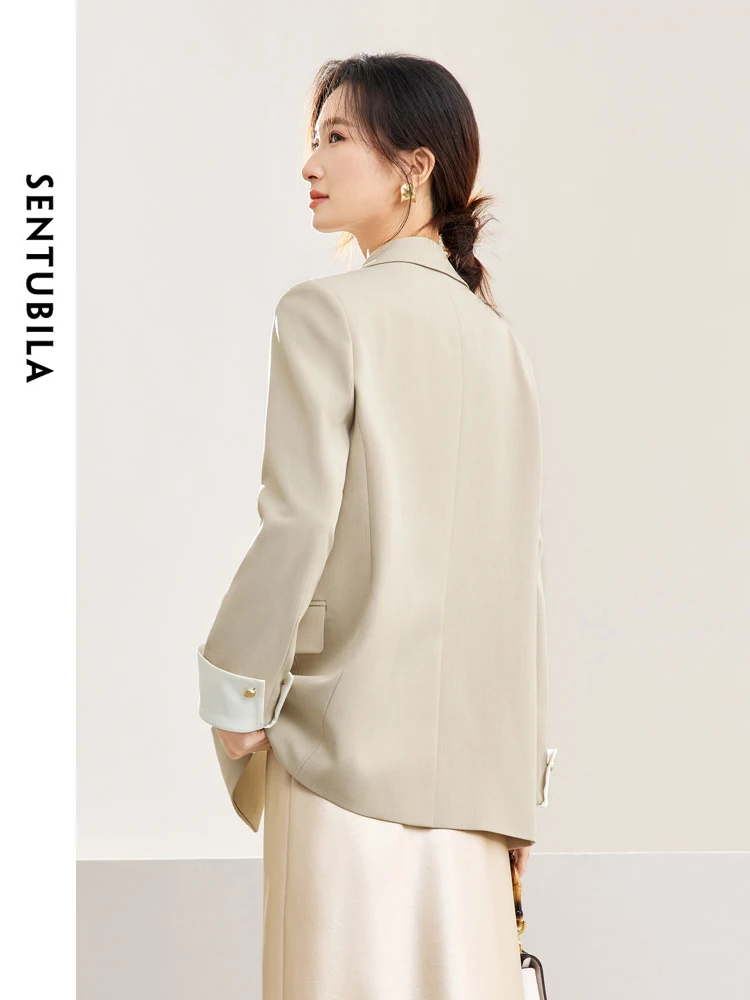 SENTUBILA Straight-cut Blazer for Women 2024 Spring Office Wear Light Khaki Suit Jacket Padded Shoulder Blazers Coat 141X53157