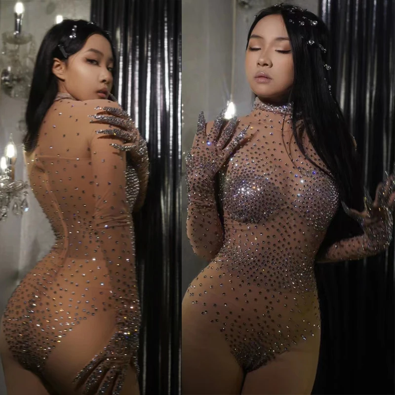 

Sexy Mesh Dance Costume Festival Outfit Women Nightclub Dj Ds Stage Show Clothing Sparkly Silver Rhinestones Bodysuit